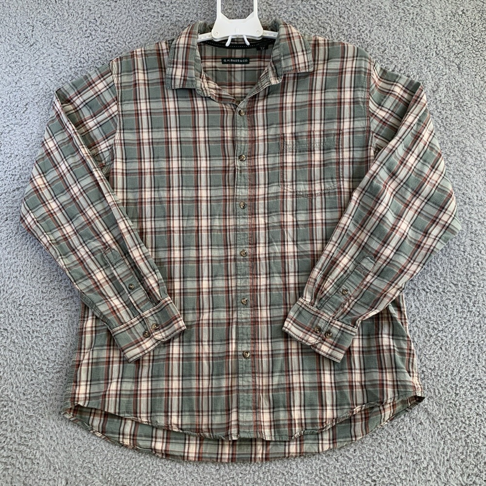 G.H. Bass & Co. Shirt Men's Long Sleeve Button Up Cotton Plaid Green Brown XL